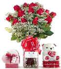 Teddy Bear with a 24 Red Roses Bouquet and a Heart